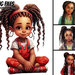 Ilustración linda de niñas negras V.21, paquete de 4 PNG, trenzas, coletas, princesa mágica ClipArt, uso comercial Afro Kids Prints camiseta
