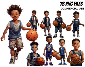 Black Boy Basketball Clipart, Afro Kids PNG Bundle (18 Files)