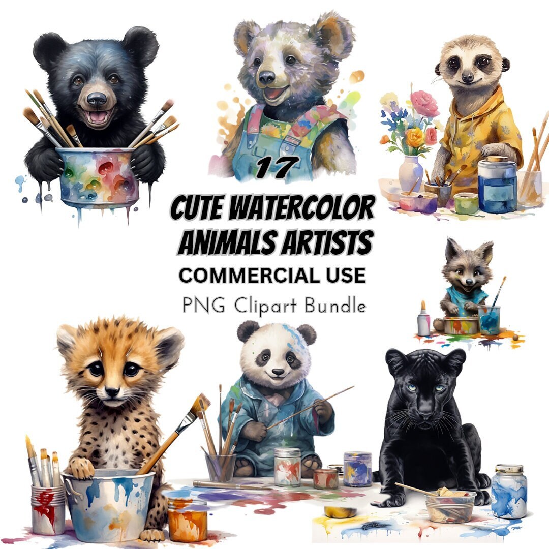 17 Baby Animals Artist Clipart Bundle, PNG Illustration Cute Watercolor ...