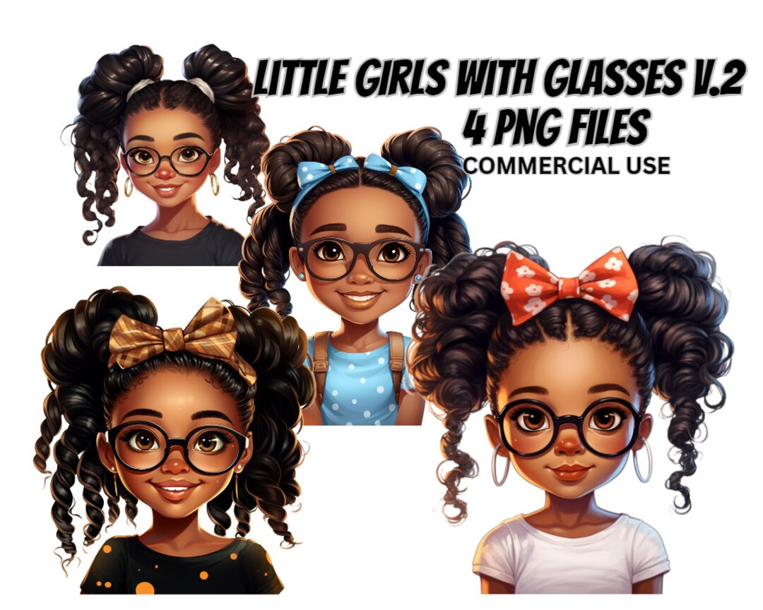 Cute Little Black Girls With Glasses V2, 4 PNG Bundle, Curly Hair ...