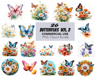 Watercolor Butterflies Clipart, Floral Design Set (JPEG, PNG)