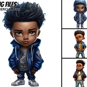 Niedlicher kleiner schwarzer Junge Illustration V.12, PNG Bundle, Hoody, Hut Dreadlocks, Cooler Prinz Magic ClipArt stört Afro Kids Urban Prints Tshirt