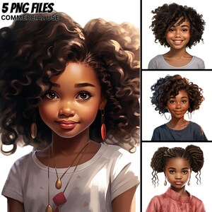 Niedliche kleine schwarze Mädchen Illustration V.81, 4 PNG Bundle, Locken, Zöpfe, magische ClipArt Prinzessin, kommerzielle Nutzung, Afro, Kinderdrucke Tshirt
