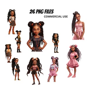 Illustrazioni di moda per ragazze adolescenti, pacchetto PNG, riccioli, trecce, trecce, clipart magiche, principessa, uso commerciale, pianificatore di stampa per bambini afro, artigianato