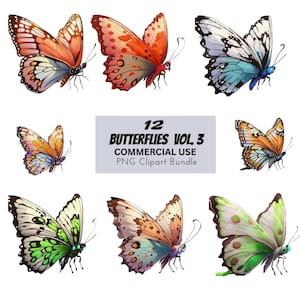 Mariposas de acuarela Vol.3, paquete de diseño digital imprimible Clip Art imprime uso comercial, descargar tarjetas de guardería de artesanías gráficas PNG