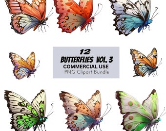Watercolor Butterflies Clipart, PNG Graphics, Commercial Use (Digital Download)