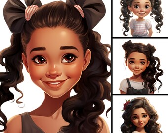 Cute Little Latina Girls Illustration V.8, 4 PNG Bundle, Colorful, Magic ClipArt, Commercial Use Kids Printable Tshirt Digital Design Crafts