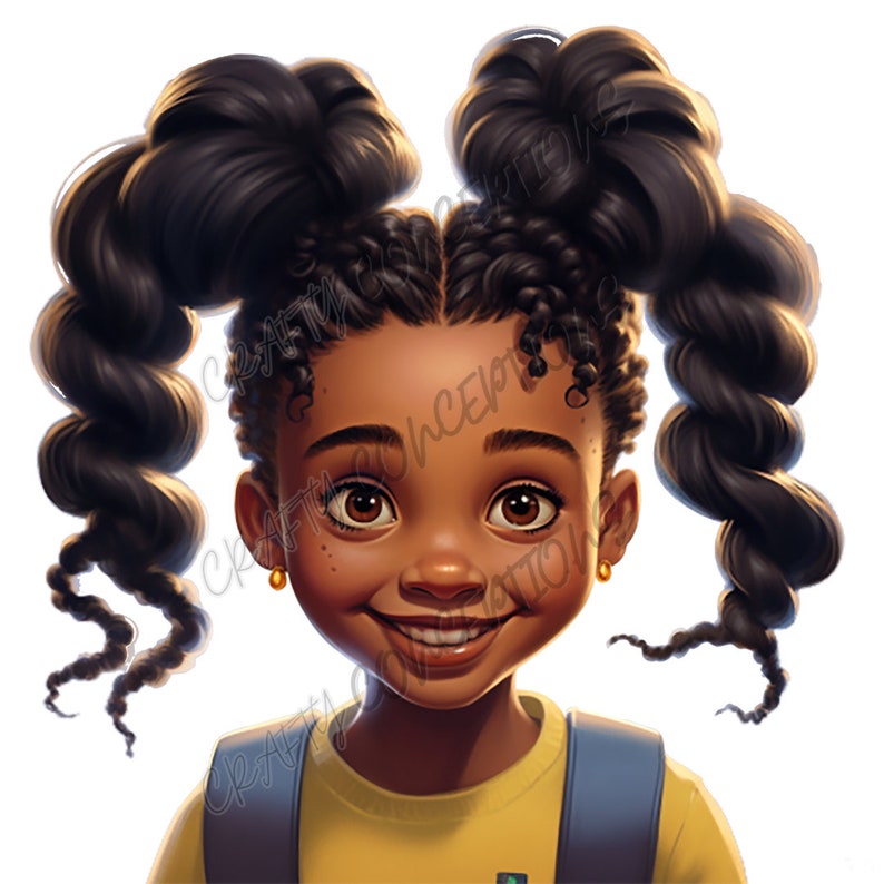 May include: A young girl with dark brown skin and a big smile is wearing a yellow shirt and a blue backpack. She has long black hair styled in two high pigtails.