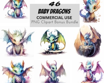 May include: A set of 46 digital illustrations of baby dragons in various poses and colours. The dragons are depicted with wings, horns, and tails. The illustrations are perfect for use in digital scrapbooking, card making, and other creative projects.