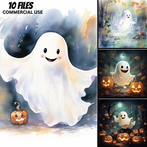 May include: A watercolour illustration of three friendly ghosts with smiling faces. The ghosts are in different poses and are surrounded by pumpkins and autumn foliage. The image has the text "10 FILES COMMERCIAL USE" at the top.