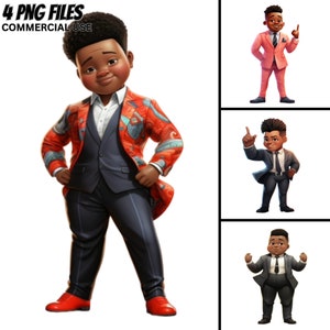 May include: A digital illustration of a young boy wearing a black suit with a red and orange patterned jacket. The boy is standing with his hands on his hips. He is wearing red shoes.