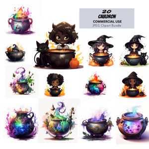 Cute Watercolor Halloween Cauldron, 20 JPEG Clipart Bundle, Witch, Cats, Graphics Design, Kid Commercial Use Paper Crafts Card-Making Scary