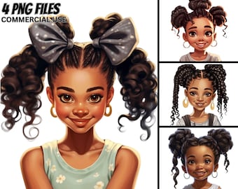 Black Girl Braids Clipart, Afro Pigtails Princess, PNG Bundle (Commercial Use)