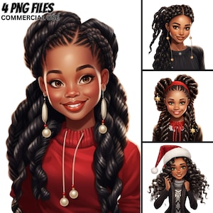 Black Girls Illustration V.53, CHRISTMAS MAGIC, 4 PNG Bundle, ClipArt, Zöpfe Afro African American Planner Tshirt Paper Crafts Cards Print