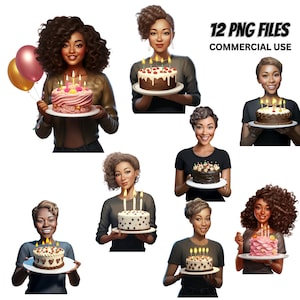 Mom illustration Birthday PNG Bundle,  Black Girl Magic ClipArt, Cake, Candles, Commercial Use Colorful Printable, Afro Prints, Paper Crafts