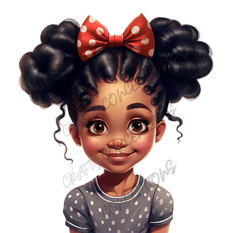 May include: A digital illustration of a young girl with dark brown skin, curly black hair in two buns, and a red bow with white polka dots. She is wearing a grey shirt with white polka dots.