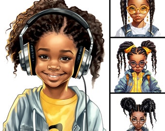 Cute Little Black Girls Illustration V.70, 4 PNG Bundle, Braids, Pigtails, Magic ClipArt Princess, Commercial Use Afro Kids Prints Tshirt