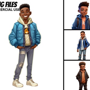 May include: A cartoon illustration of a young boy wearing a blue denim jacket, a white shirt with a yellow graphic, blue jeans with rips, and white sneakers. He is standing with his hands in his pockets.