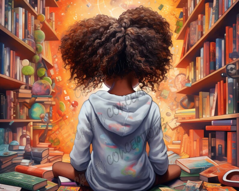 Puede incluir: Una persona joven con cabello casta&ntilde;o rizado se sienta en una habitaci&oacute;n rodeada de estanter&iacute;as. Las estanter&iacute;as est&aacute;n llenas de libros y otros objetos. La persona lleva una sudadera con capucha azul claro con un dise&ntilde;o colorido. La persona est&aacute; mirando algo en la distancia.