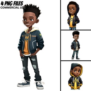 May include: A cartoon illustration of a young boy wearing a blue jacket, yellow shirt, and ripped jeans. He has a short afro hairstyle and is standing with his hands in his pockets.