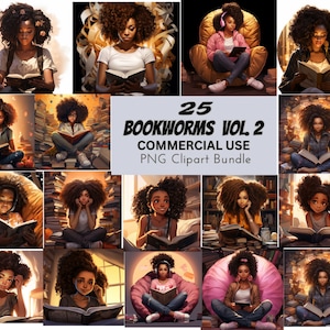 Bücherwurm V2 Black Girl Clipart PNG Bundle, Student Buchliebhaber, Zöpfe, Zöpfe, Magie Studieren Lesebrille Kommerzielle Nutzung Drucke Tshirt