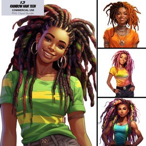 May include: A digital illustration of a young woman with long, colorful dreadlocks. She is wearing a green and yellow striped shirt and blue jeans.