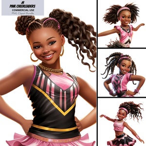 May include: Three digital illustrations of a young Black girl wearing a pink and black cheerleading uniform. She has long curly brown hair and is smiling. The illustrations are in different poses.