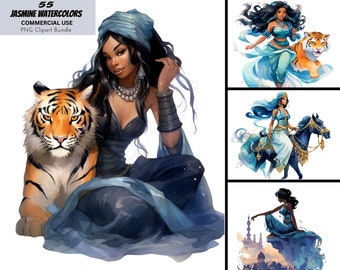 Aquarelle princesse arabe Clipart, jasmin, reine PNG Bundle (usage commercial)