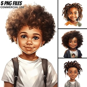 May include: A digital illustration of three children with different hairstyles. The first child has a short, curly afro and is wearing a white t-shirt and a black backpack. The second child has long, curly hair and is wearing a blue shirt. The third child has dreadlocks and is wearing a gray hoodie.