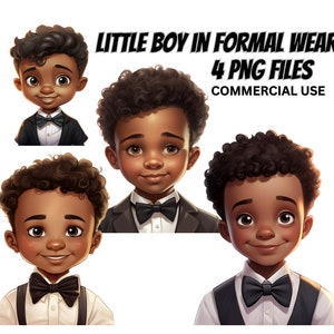 May include: Four digital illustrations of a young Black boy wearing a formal outfit. He is wearing a white shirt, a black bow tie, and a black vest. In one image, he is wearing a black suit jacket. In another image, he is wearing suspenders. The images are in a cartoon style.