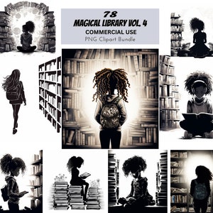 Leseratte - Zauberhafte Bibliothek Vol. 4, 78 Silhouette Schwarz und Weiß, Mädchen Clipart Bundle, Studentenbuchliebhaber, Zöpfe, Lesen Kind druckt Tshirt