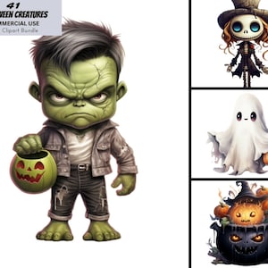 Cute Watercolor Halloween Creatures, 41 PNG Clipart Bundle, Ghost, Vampire, Cat Witch Graphics Design Kid Commercial Use Paper Crafts, Cards