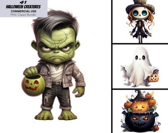 Cute Halloween Creatures Clipart Bundle, Watercolor PNG Graphics (Commercial Use)