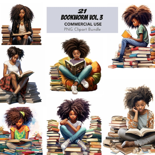 Bookworm V3 Black Girl Clipart PNG Bundle, Student Book Lover Overload, Curls, Magic Studying, Reading Glasses, Commercial Use Prints Tshirt