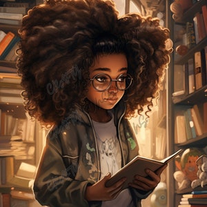 Puede incluir: Una joven con el pelo largo, rizado y casta&ntilde;o y gafas est&aacute; leyendo un libro en una biblioteca. Lleva una chaqueta verde y una camisa blanca. Las estanter&iacute;as de la biblioteca est&aacute;n llenas de libros y hay animales de peluche en las estanter&iacute;as.