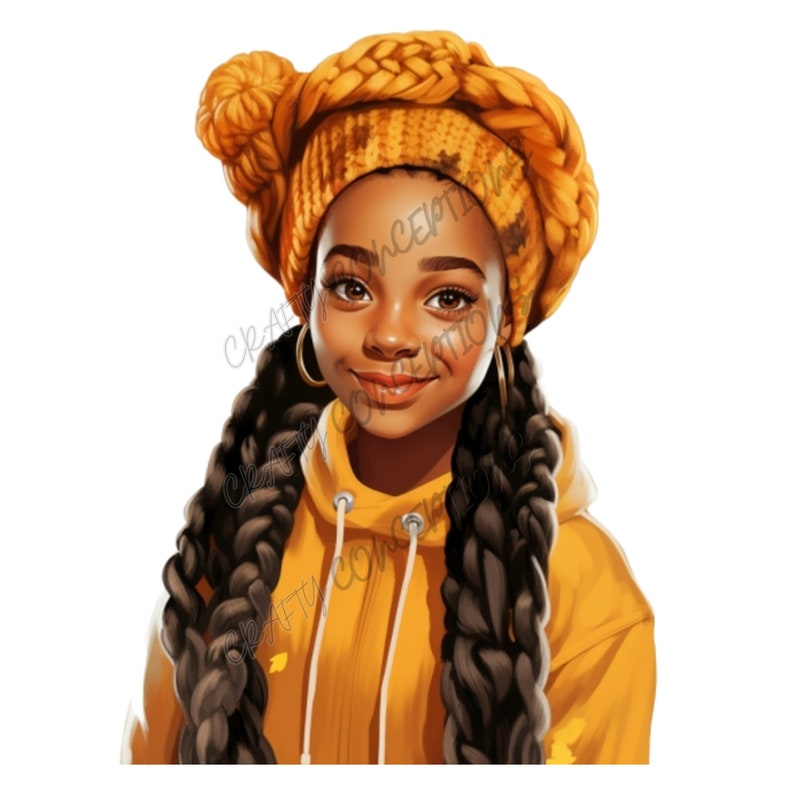 May include: A young girl with dark brown skin is wearing a yellow hoodie and a yellow braided headband. She has long black braids and is smiling.