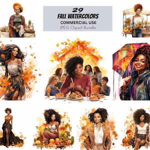 Fall Watercolor Vol.2 - Black Girl Clipart JPEG Bundle, Leaf Lover,  Pumpkin, Harvest Moon, Fashion Kid, Commercial Use, Prints Digital Art