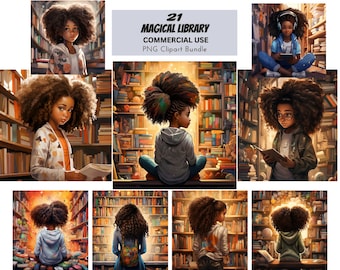 Bookworm V4 - Magical Library, Black Girl Clipart PNG Bundle, Student Book Lover, Braids, Pigtails, Reading Kid Commercial Use Prints Tshirt