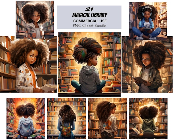 Magical Library Black Girl Clipart PNG Bundle – Book Lover, Student (Commercial Use)