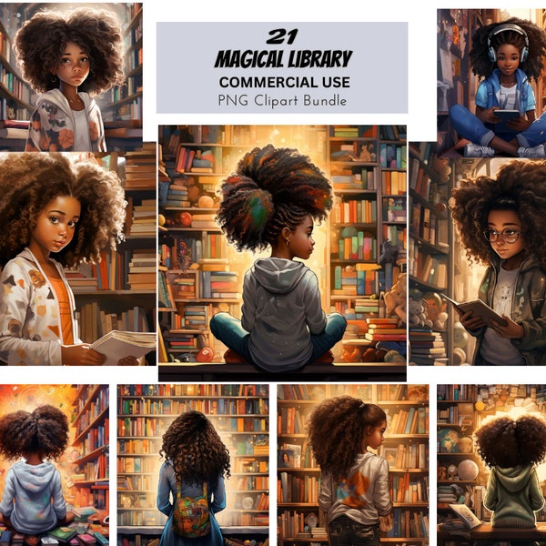 Bookworm V4 - Magical Library, Black Girl Clipart PNG Bundle, Student Book Lover, Braids, Pigtails, Reading Kid Commercial Use Prints Tshirt