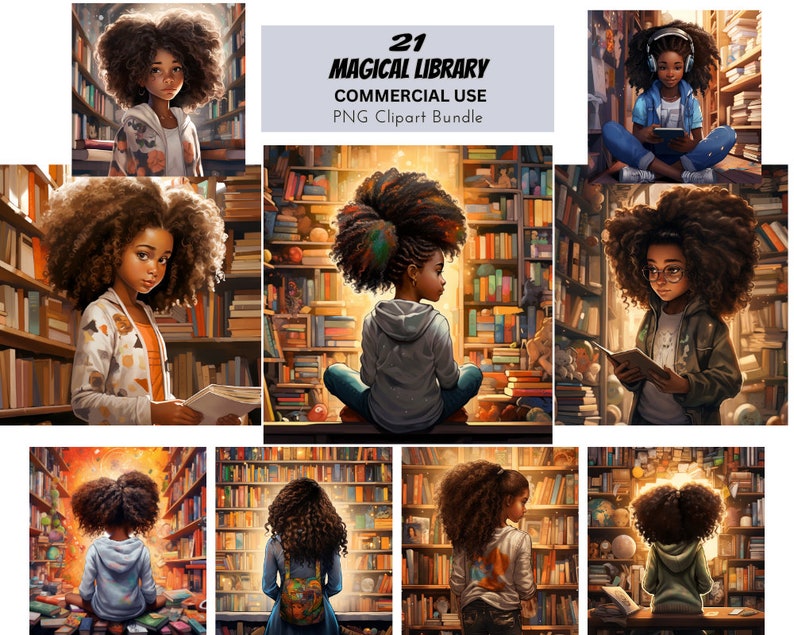 Puede incluir: Una colecci&oacute;n de 21 ilustraciones digitales que muestran a una joven negra en un entorno de biblioteca. La ni&ntilde;a est&aacute; representada leyendo, escuchando m&uacute;sica y explorando las estanter&iacute;as. Las ilustraciones son de estilo de dibujos animados y presentan colores brillantes.