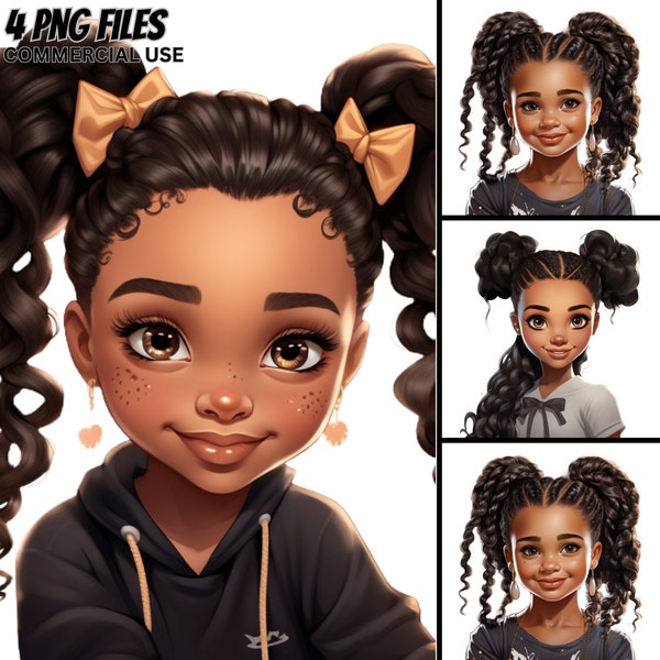 Cute Little Black Girls Illustration V.49, 4 PNG Bundle, Braids, Pigtails, Magic ClipArt Princess, Commercial Use Afro Kids Prints Tshirt