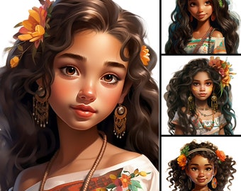 Latina Girl Illustration Clipart, PNG Bundle (Digital Download)