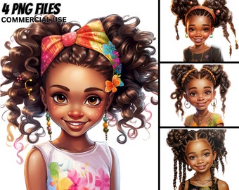 Cute Little Black Girls Illustration V.32, 4 PNG Bundle, Curls, Colorful, Magic ClipArt Princess, Commercial Use, Afro, Kids Prints Tshirt