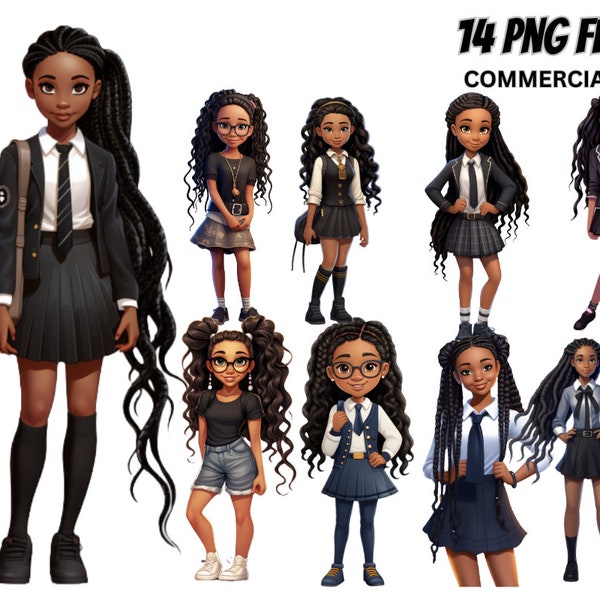 Cute Little Black Girl Illustration V.102, PNG Bundle, School Girl, Backpack, Cool Princess, Uniform, Magic ClipArt Afro Kids Prints Tshirt