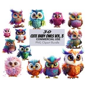 Lindos búhos bebé acuarela Vol.3, paquete digital imprimible Clip Art imprime uso comercial, descargar ilustración PNG gráficos artesanías vivero