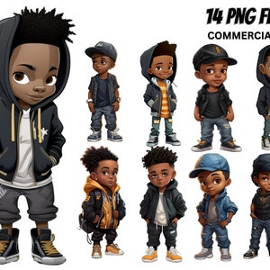 Niedlicher kleiner schwarzer Junge Illustration V.1, 14 PNG Bundle, Kapuzenpullover, Hut, Dreadlocks, Cooler Prinz Magic ClipArt, stört Afro Kinder Drucke Tshirt