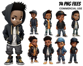Ilustración de niño pequeño negro lindo V.1, paquete de 14 PNG, sudadera con capucha, sombrero, rastas, Cool Prince Magic ClipArt, camiseta con estampado de Bothers Afro Kids
