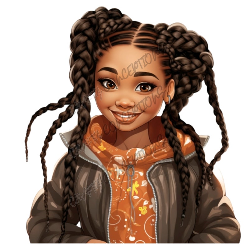 May include: A digital illustration of a young girl with brown skin and long brown braids. She is wearing a brown jacket over an orange and yellow patterned shirt.