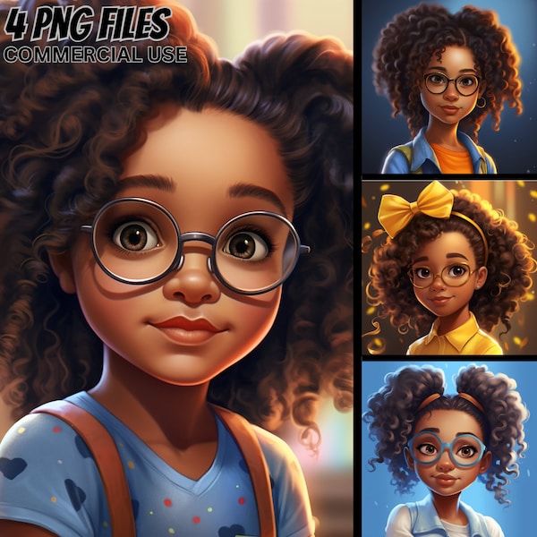 Mignonnes petites filles noires avec illustration de lunettes, 5 PNG Bundle, cheveux bouclés Magic ClipArt Utilisation commerciale Afro Tshirt Planner POD Sublimation